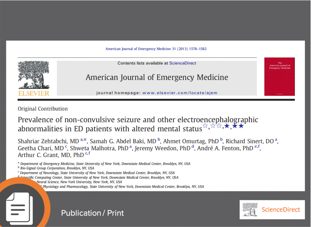 Zehtabchi, S. et al. (2013) Prevalence of Non-Convulsive Seizure and Other Electroencephalographic Abnormalities in ED Patients with Altered Mental Status. J Emerg Med 31(11):1578-1582. https://doi.org/10.1016/j.ajem.2013.08.002