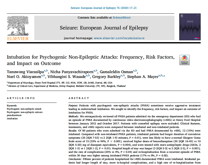 Intubation for Psychogenic Non-Epileptic Attacks: Frequency, Risk Factors, and Impact on Outcome