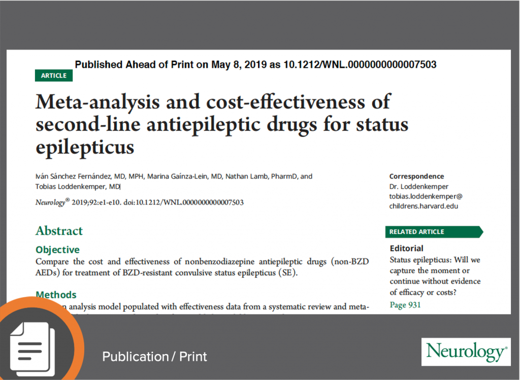 Fernandez, I.S., et al (2019) Meta-analysis and Cost-effectiveness of Second-line Antiepileptic Drugs for Status Epilepticus, Neurology 92(20). https://doi.org/10.1212/WNL.0000000000007503