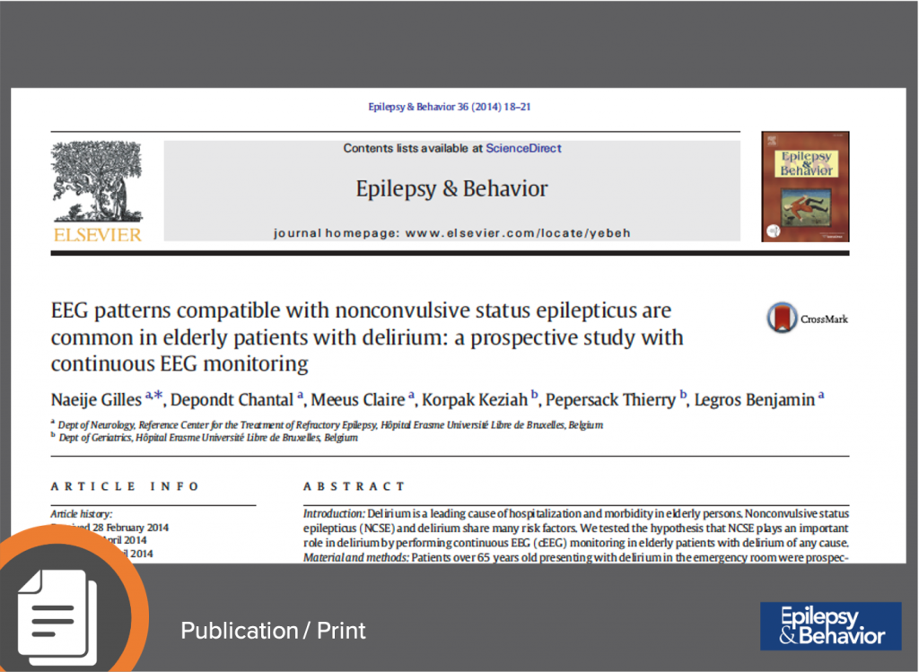 Naeije, G, et al. (2014) EEG Patterns Compatible with Nonconvulsive Status Epilepticus Are Common in Elderly Patients with Delirium: A Prospective Study with Continuous EEG Monitoring. Epilepsy & Behav 36:18-21. https://doi.org/10.1016/j.yebeh.2014.04.012