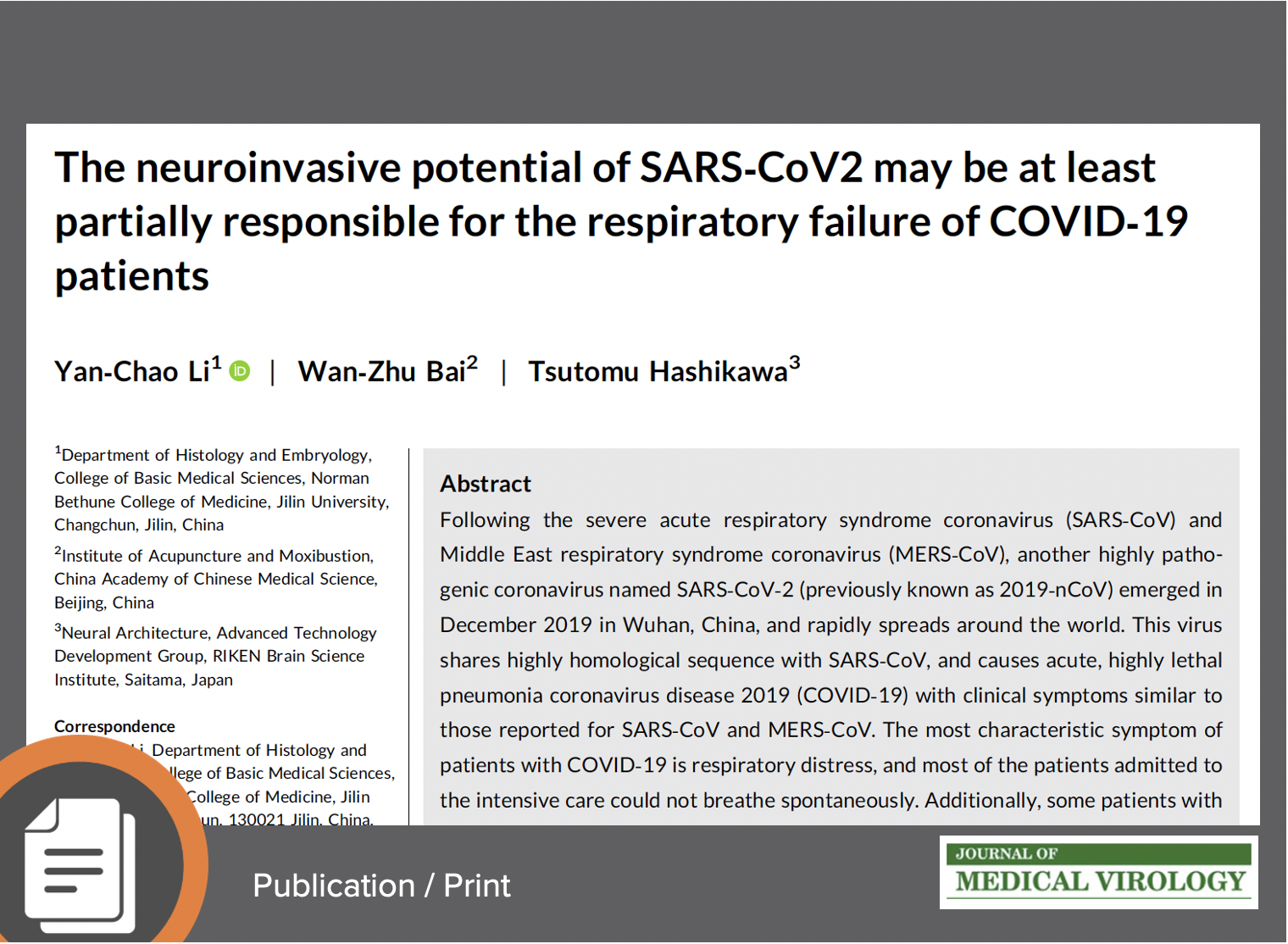The neuroinvasive potential of SARS‐CoV2 may be at least partially responsible for the respiratory failure of COVID‐19 patients