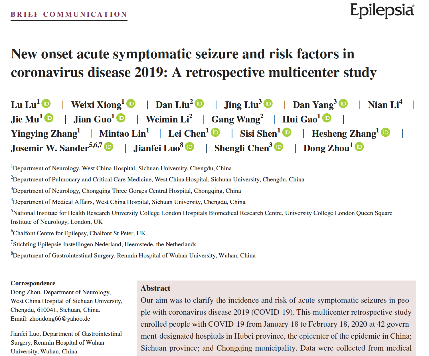 New onset acute symptomatic seizure and risk factors in coronavirus disease 2019: A retrospective multicenter study