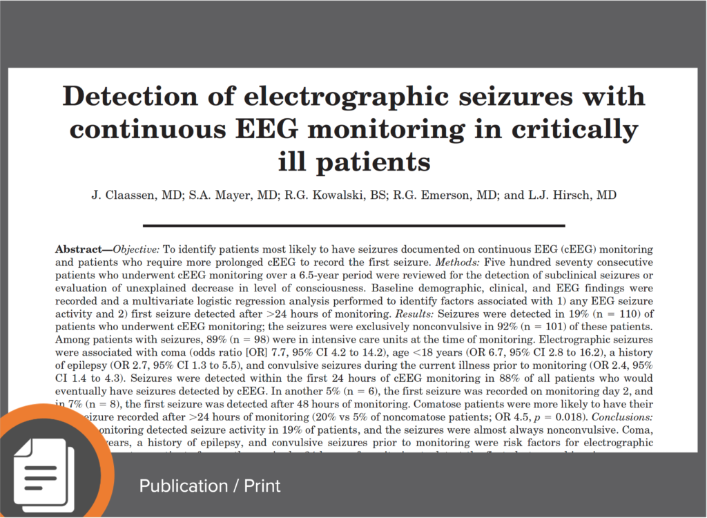 Detection of electrographic seizures with continuous EEG monitoring in critically ill patients
